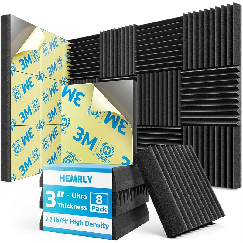HEMRLY 3" X 12" X 12" Sound Proof Foam Panels for Walls,Self-Adhesive Foam Acoustic Panels Sound Absorbing,2.2 lb/ft³ Density Soundproof Wall Panels for Gaming Studio Decor (8 Pack Black) - Image 1